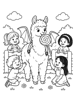 Free printable Llama With Bat Wings And Children coloring page