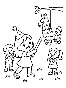 A happy girl swings a bat at a party in this pinata coloring page.