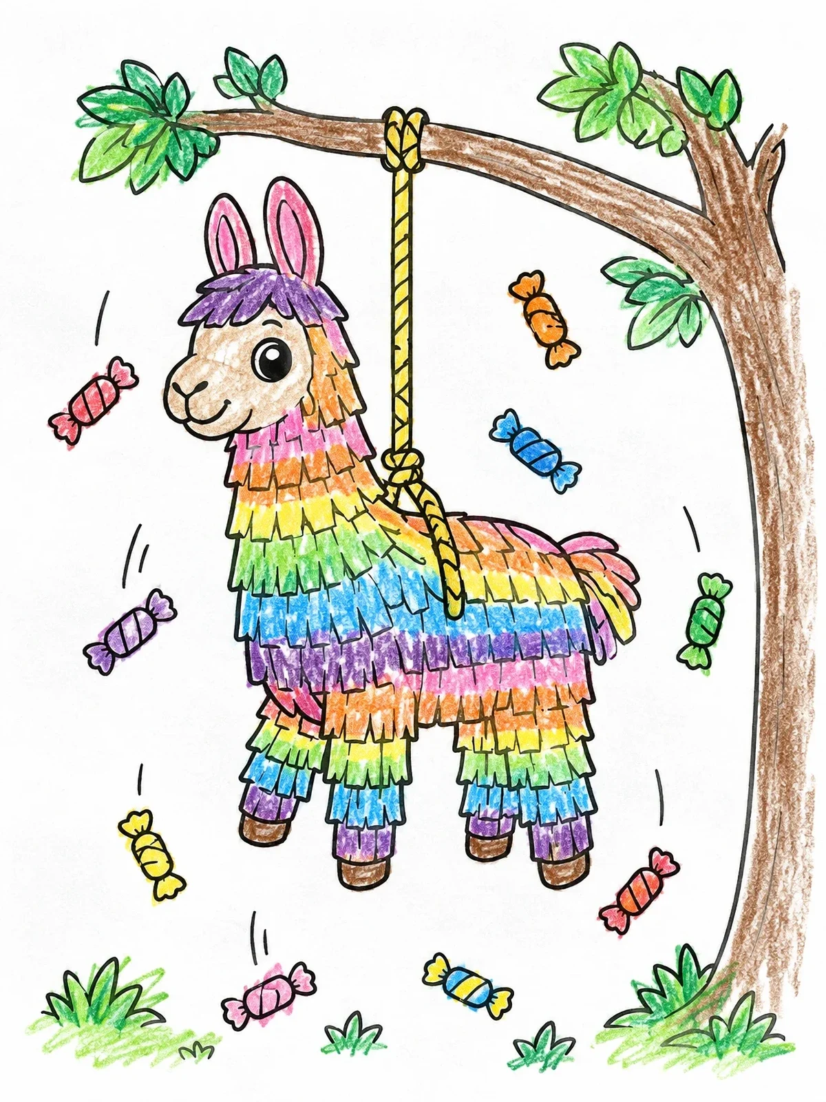 Colored example of the Llama Piñata With Falling Candies coloring page