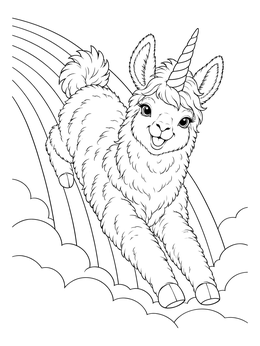 A joyful llamacorn sliding down an arching rainbow on this llamacorn coloring page.