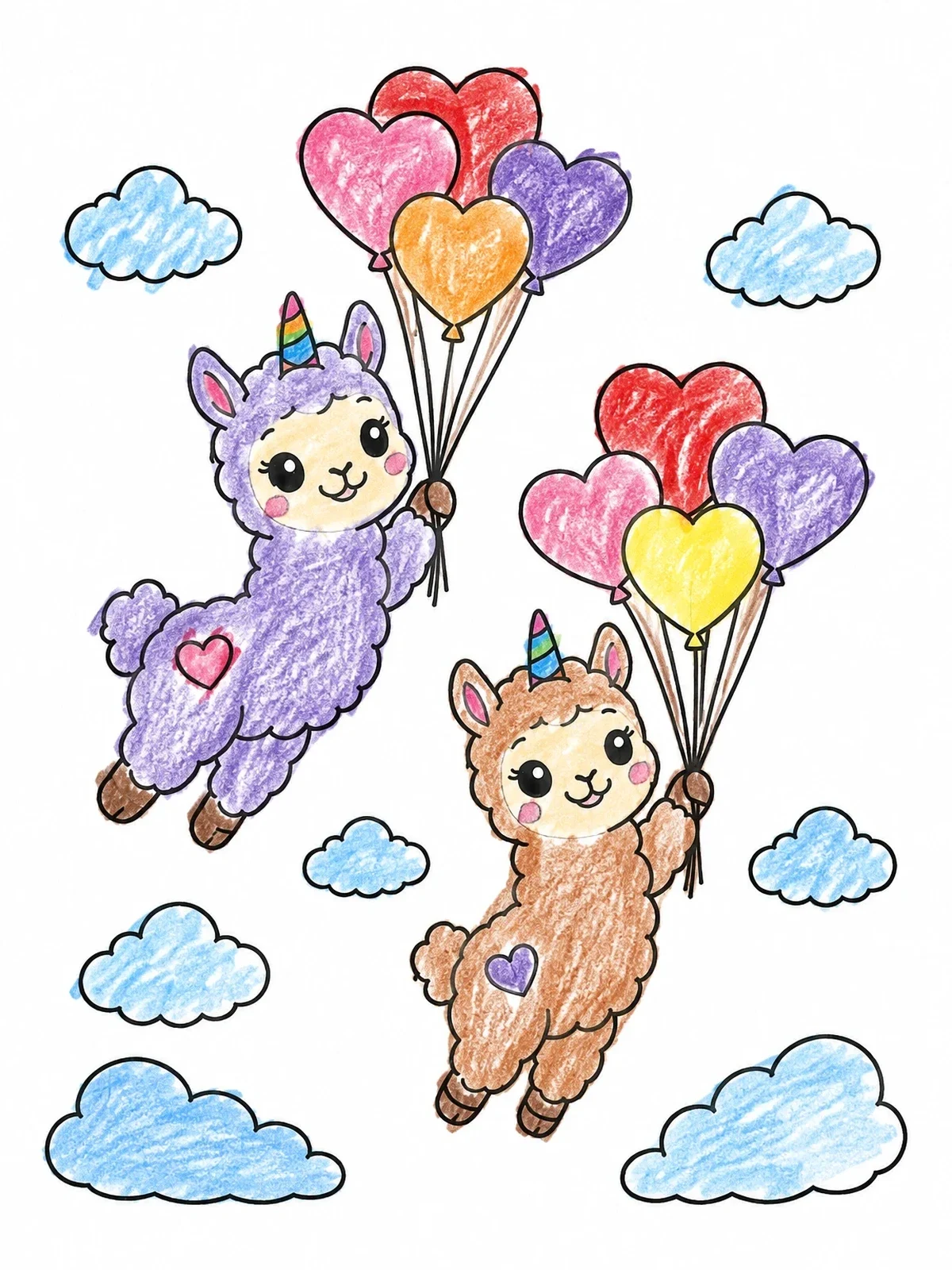 Colored example of the Llamacorns Floating With Heart Balloons coloring page