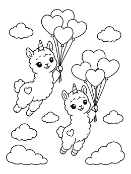 Free printable Llamacorns Floating With Heart Balloons coloring page