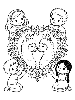 Free printable Llamas In A Floral Heart With Children coloring page