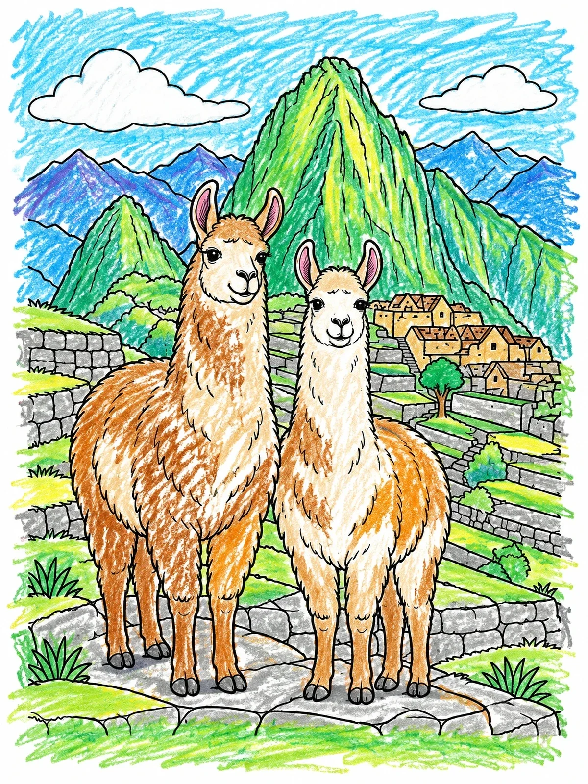 Colored example of the Llamas At Machu Picchu Ruins coloring page