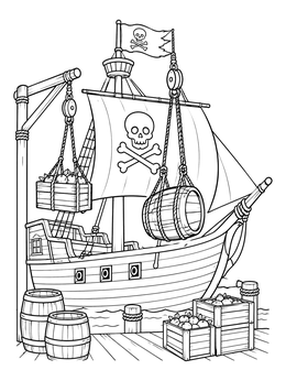 Cargo being hoisted at a dock on this pirate ship coloring page.