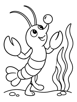 A cheerful cartoon lobster coloring page balancing a pearl on its nose near sea kelp.