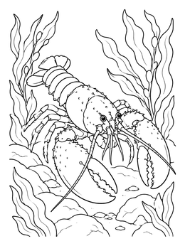 A detailed lobster coloring page showing large claws among sea kelp and rocks.