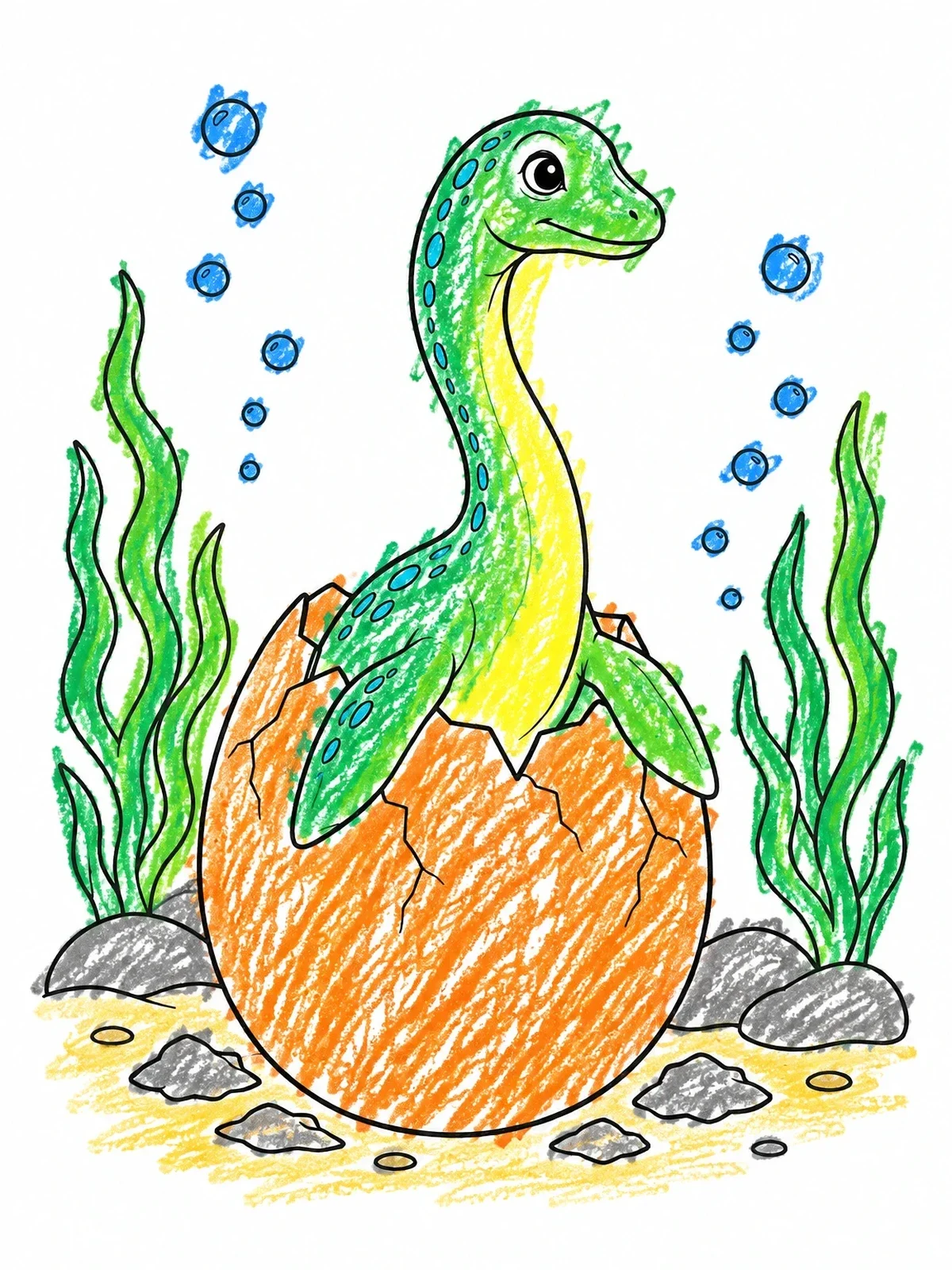 Colored example of the Baby Nessie Hatching Underwater coloring page