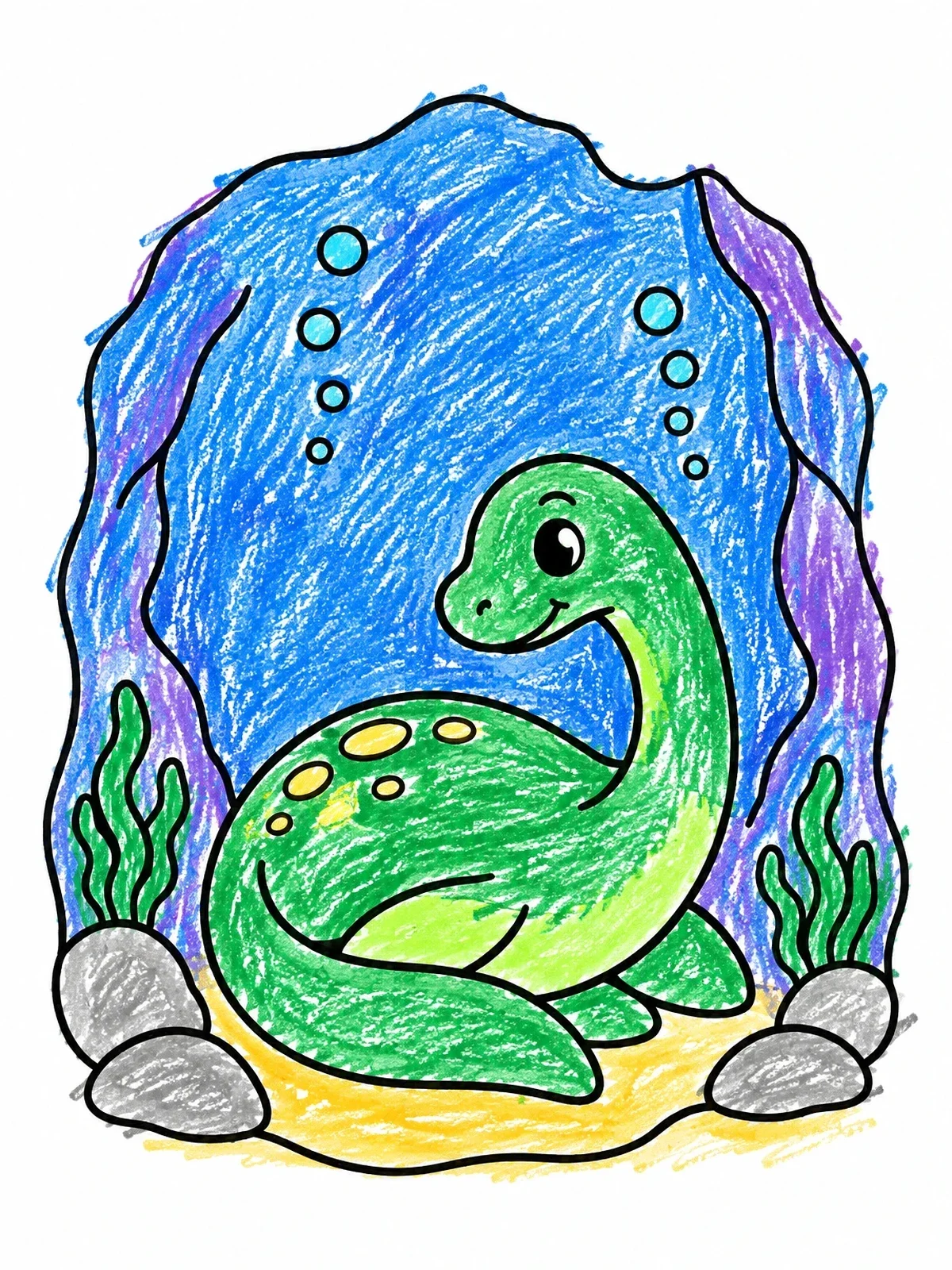 Colored example of the Cute Loch Ness Monster In An Underwater Cave coloring page