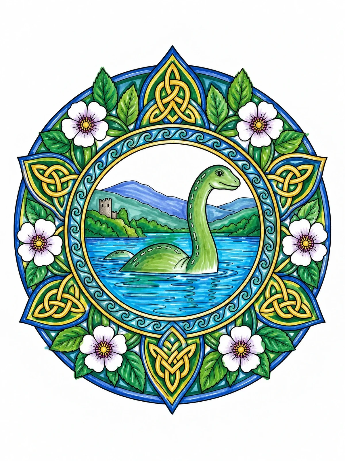 Colored example of the Loch Ness Monster Celtic Mandala coloring page
