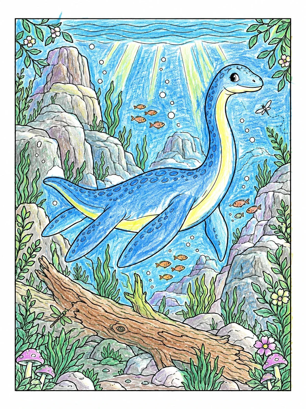 Colored example of the Friendly Nessie Swimming Underwater coloring page