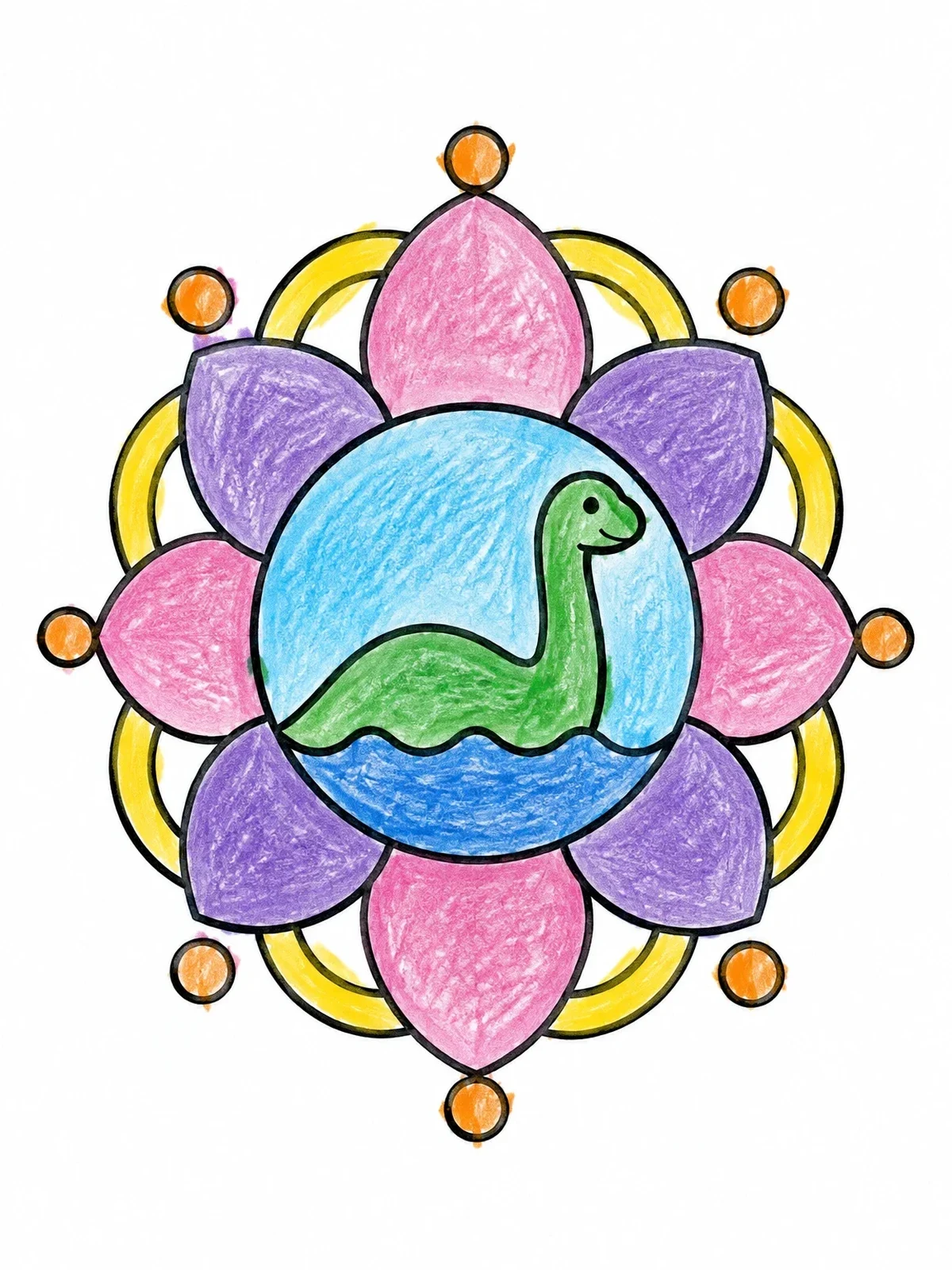 Colored example of the Loch Ness Monster Floral Mandala coloring page