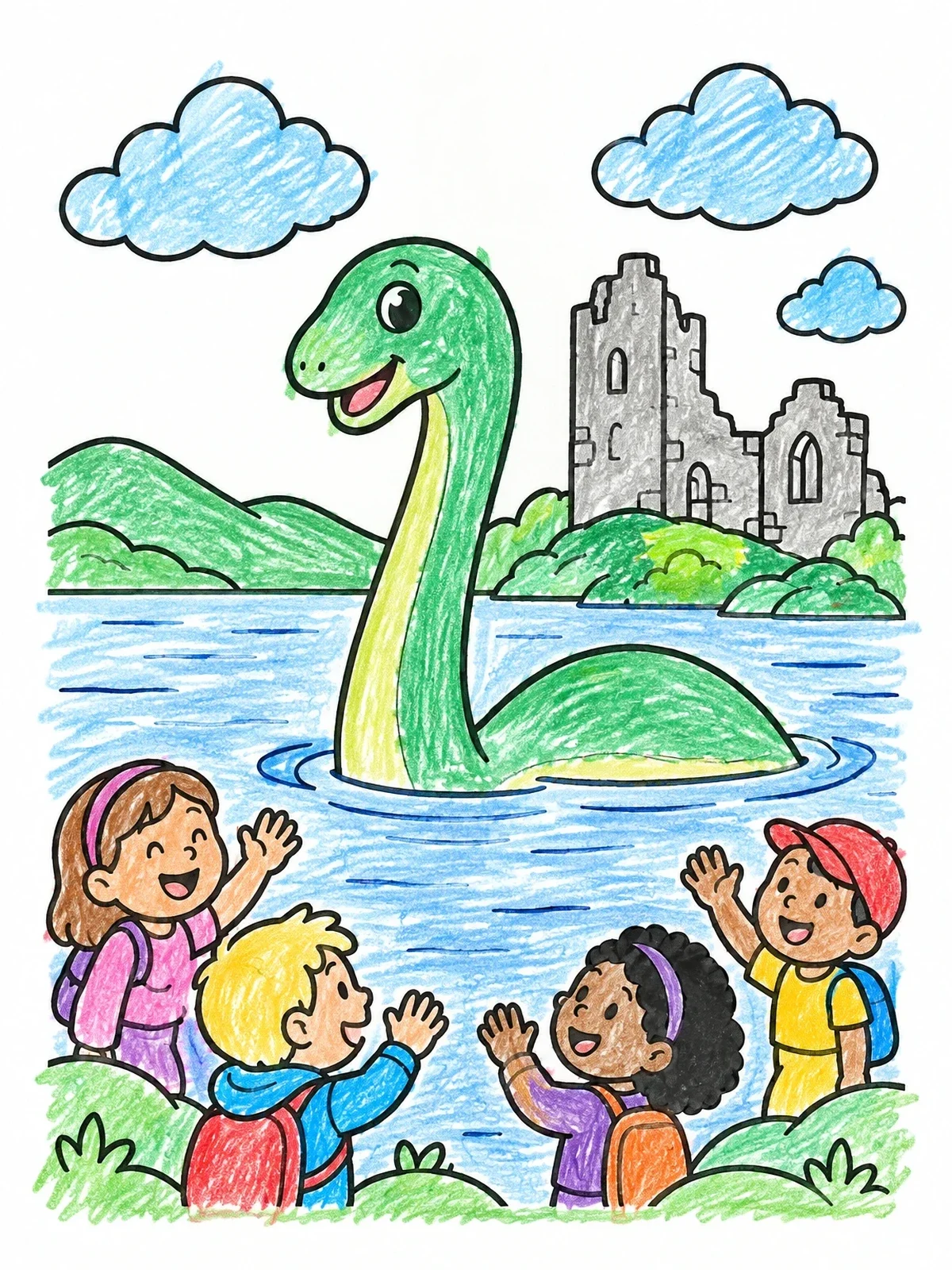 Colored example of the Friendly Nessie And Cheerful Children coloring page