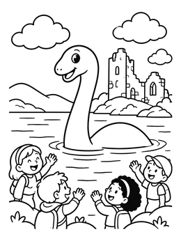 Free printable Friendly Nessie And Cheerful Children coloring page