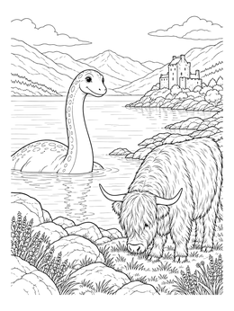 Free printable Loch Ness Monster And Grazing Highland Cow coloring page