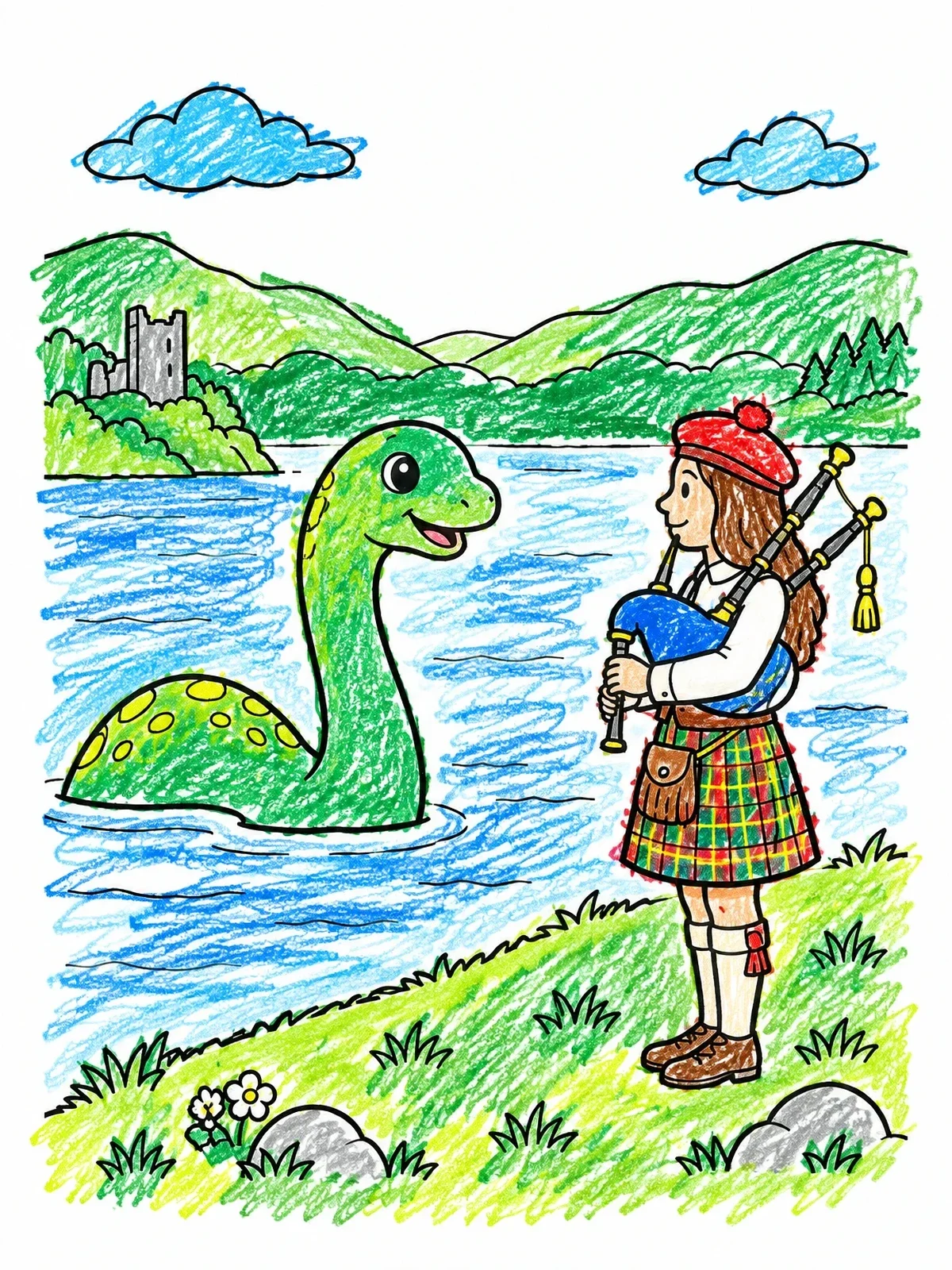 Colored example of the Nessie Listening To Bagpipes coloring page