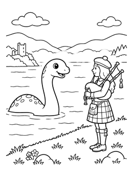 Free printable Nessie Listening To Bagpipes coloring page
