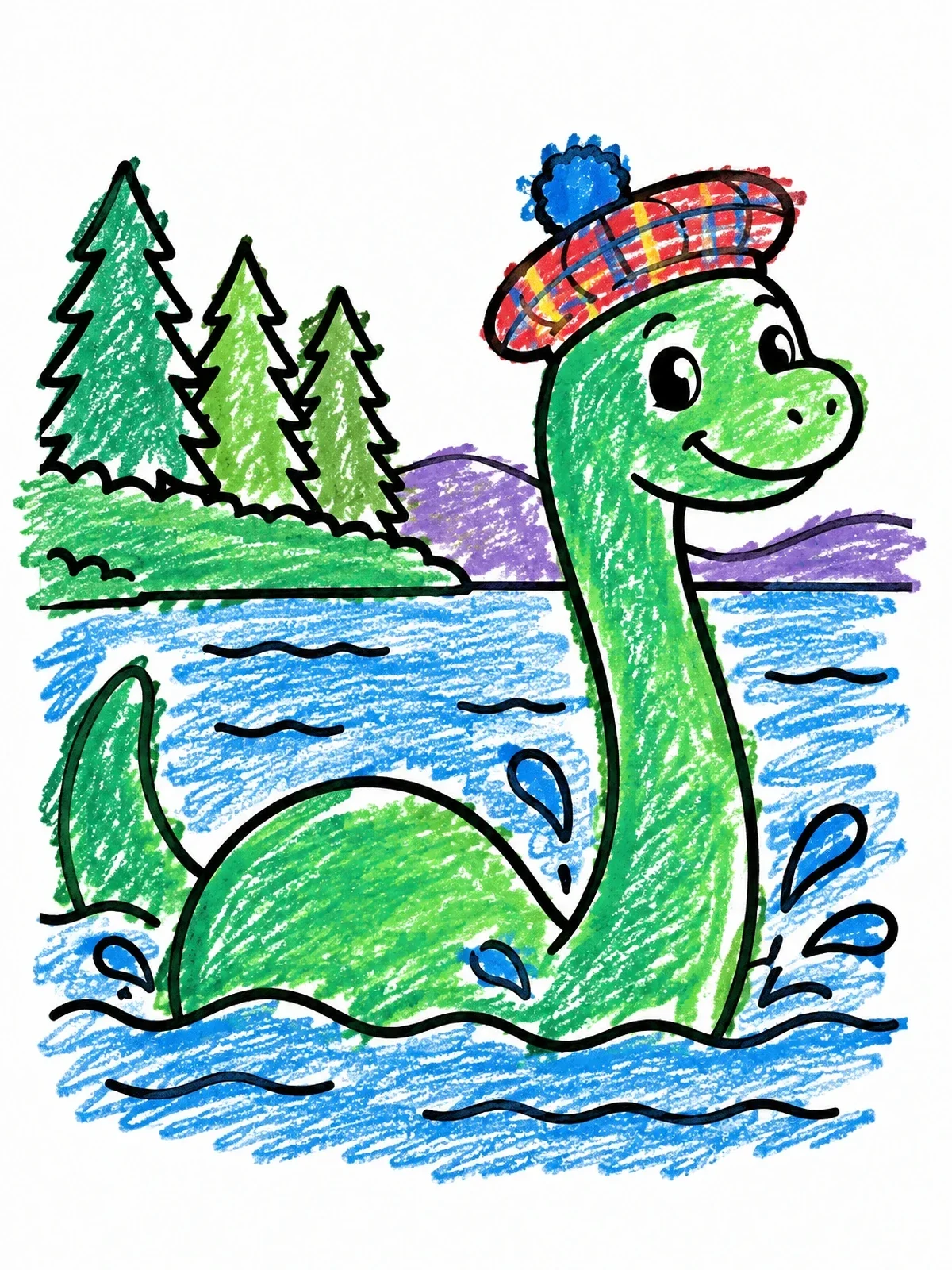 Colored example of the Loch Ness Monster In Plaid Beret coloring page