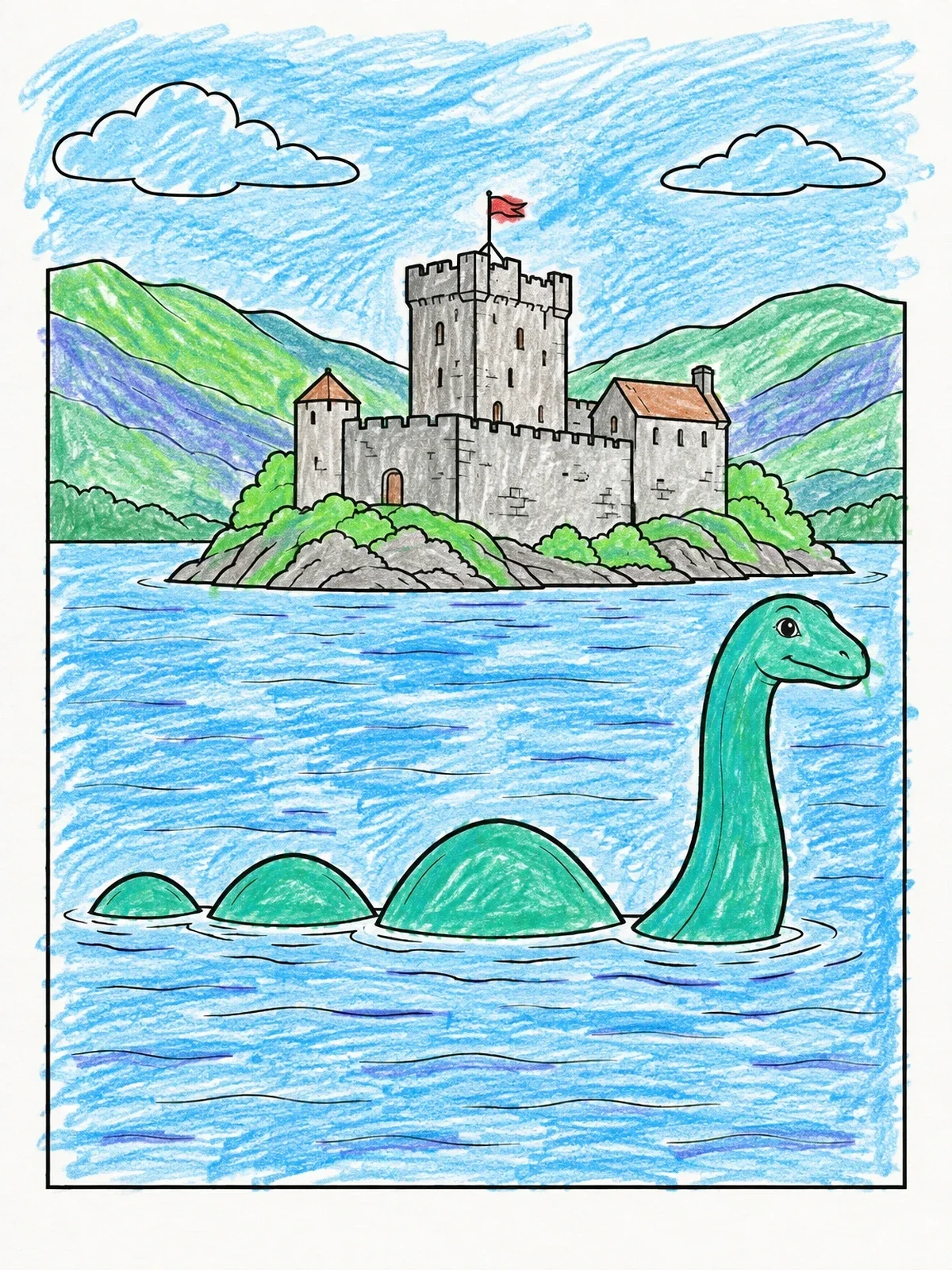 Colored example of the Loch Ness Monster And Castle coloring page