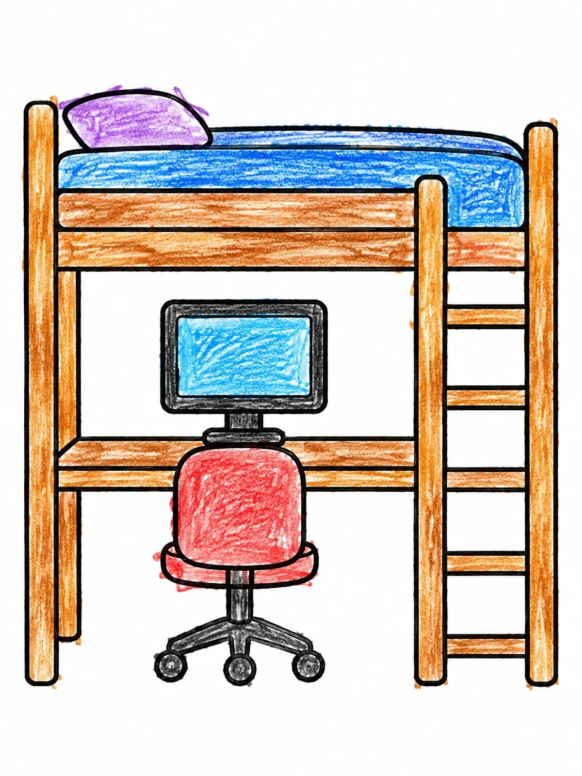 Colored example of the Cozy Loft Bed With Study Desk coloring page