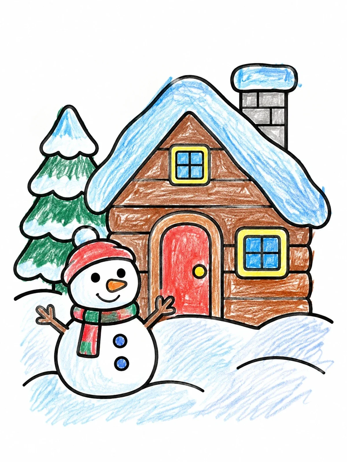 Colored example of the Cozy Log Cabin And Snowman coloring page