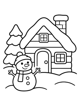 Free printable Cozy Log Cabin And Snowman coloring page
