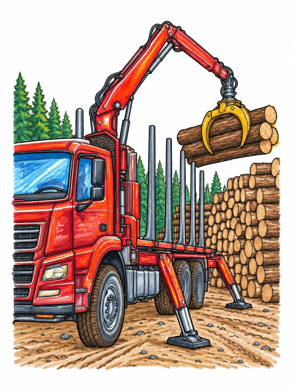Colored example of the Log Loader Truck With Crane Arm coloring page
