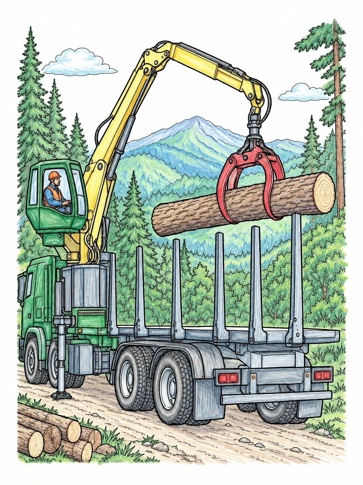 Colored example of the Hydraulic Crane Loading Timber Truck coloring page