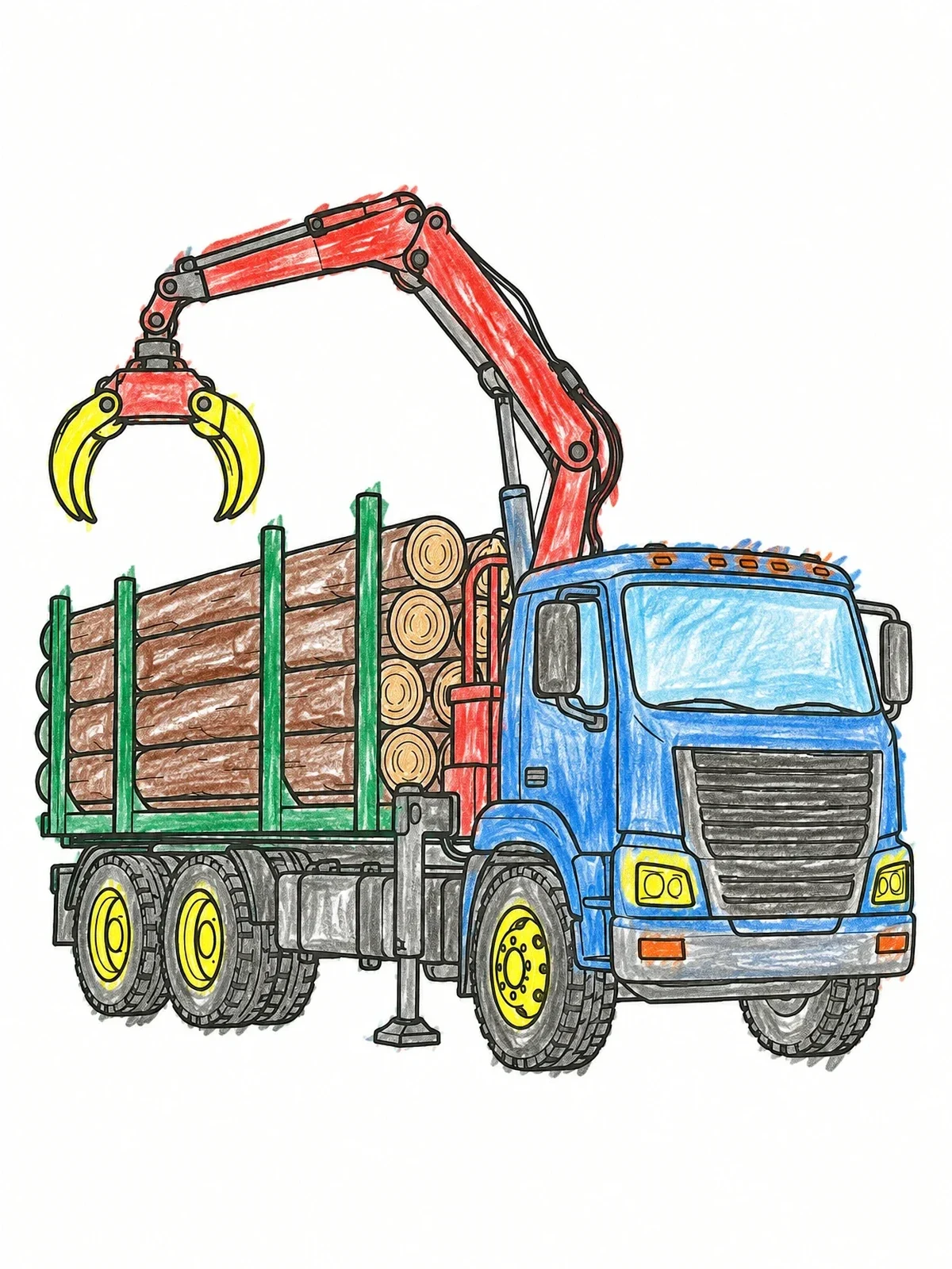 Colored example of the Timber Truck With Knuckleboom Crane coloring page