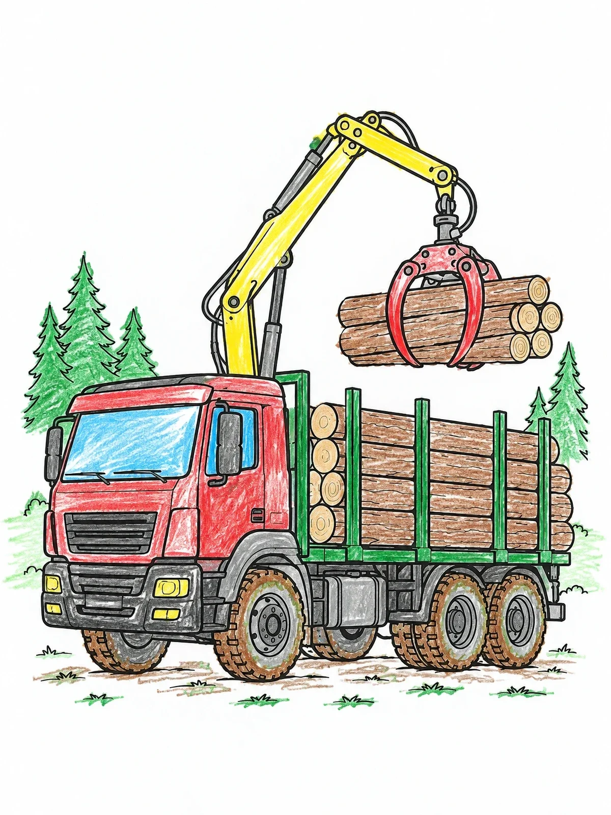 Colored example of the Timber Truck With Crane Claw coloring page