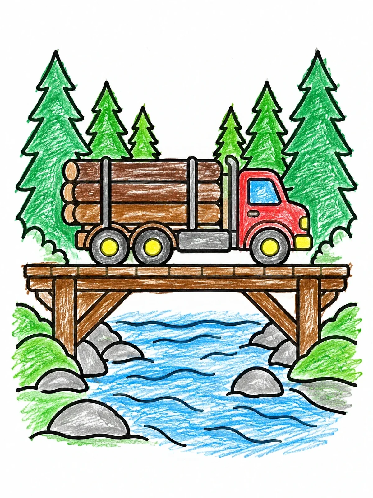 Colored example of the Logging Truck On A Wooden Bridge coloring page