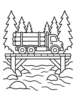 Free printable Logging Truck On A Wooden Bridge coloring page