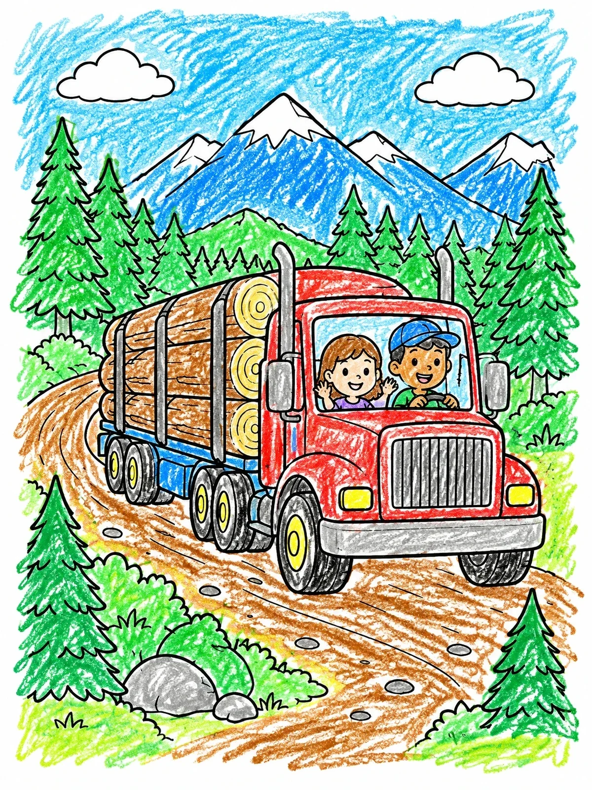 Colored example of the Logging Truck In The Mountains coloring page