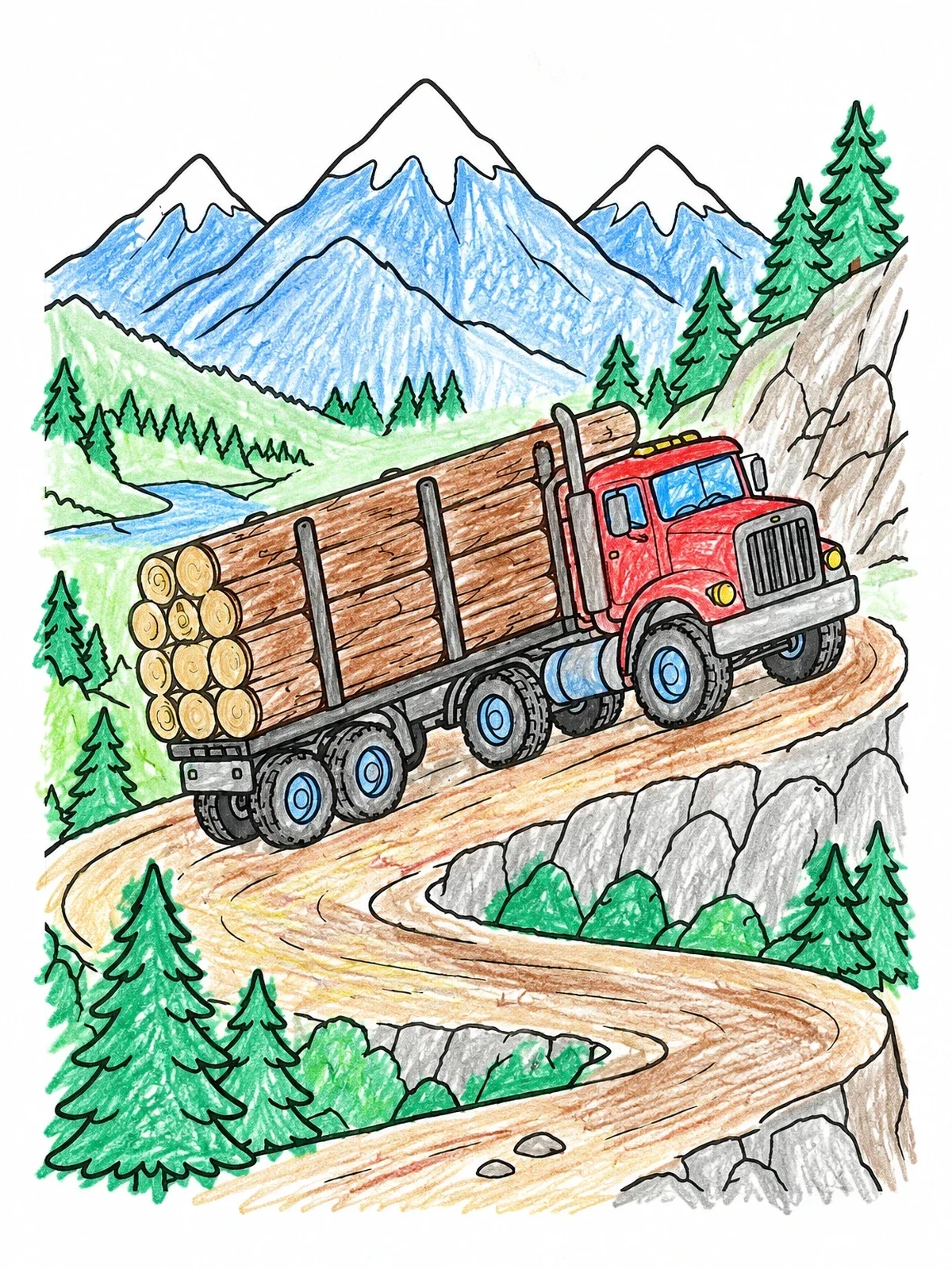 Colored example of the Logging Truck On Mountain Road coloring page