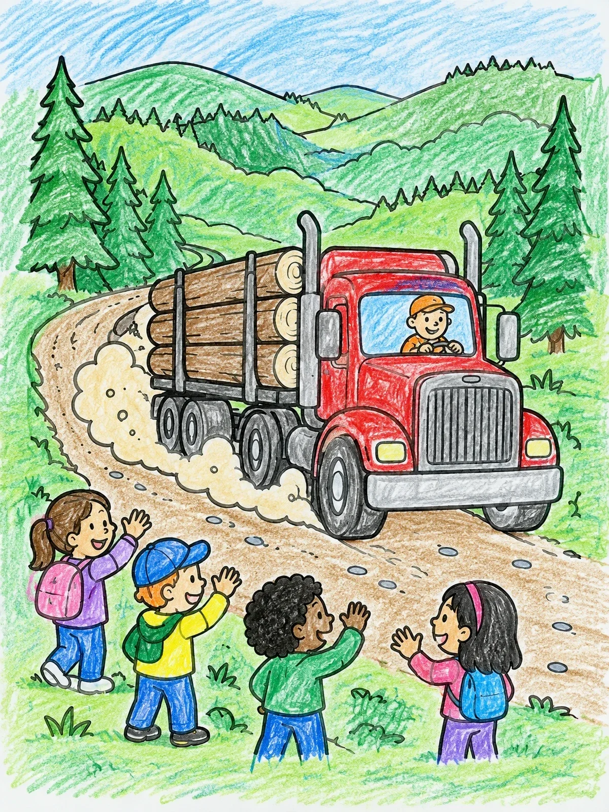 Colored example of the Logging Truck Driving Past Waving Children coloring page