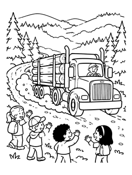 Free printable Logging Truck Driving Past Waving Children coloring page