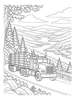 Free printable Logging Truck Driving Past Scenic Valley coloring page