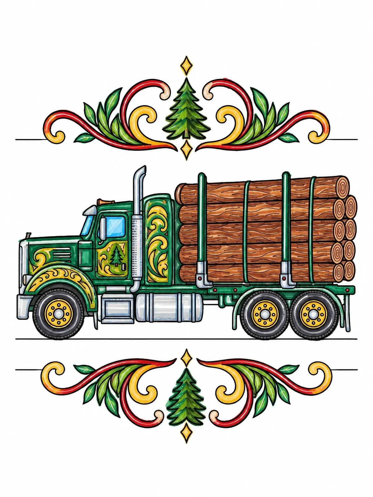 Colored example of the Loaded Semi Logging Truck With Ornaments coloring page