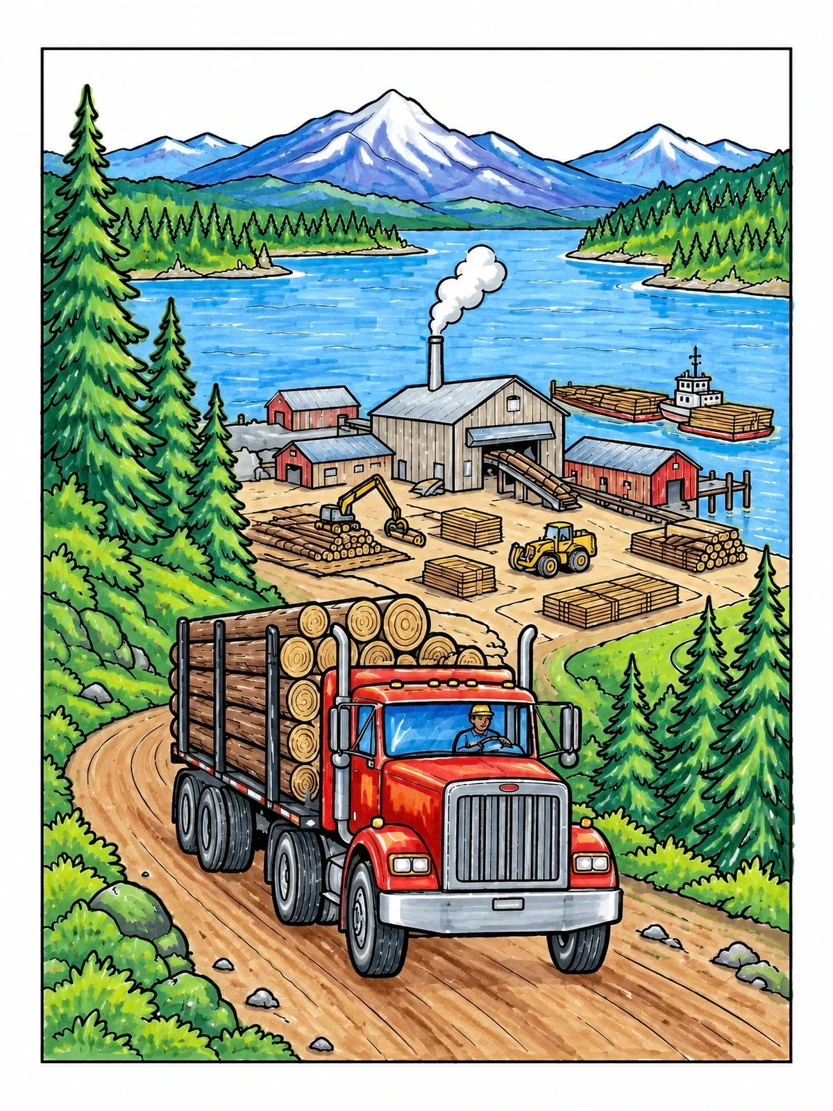 Colored example of the Logging Truck Driving To Sawmill coloring page