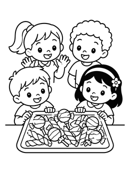 Free printable Happy Children Around Sweet Candy Tray coloring page