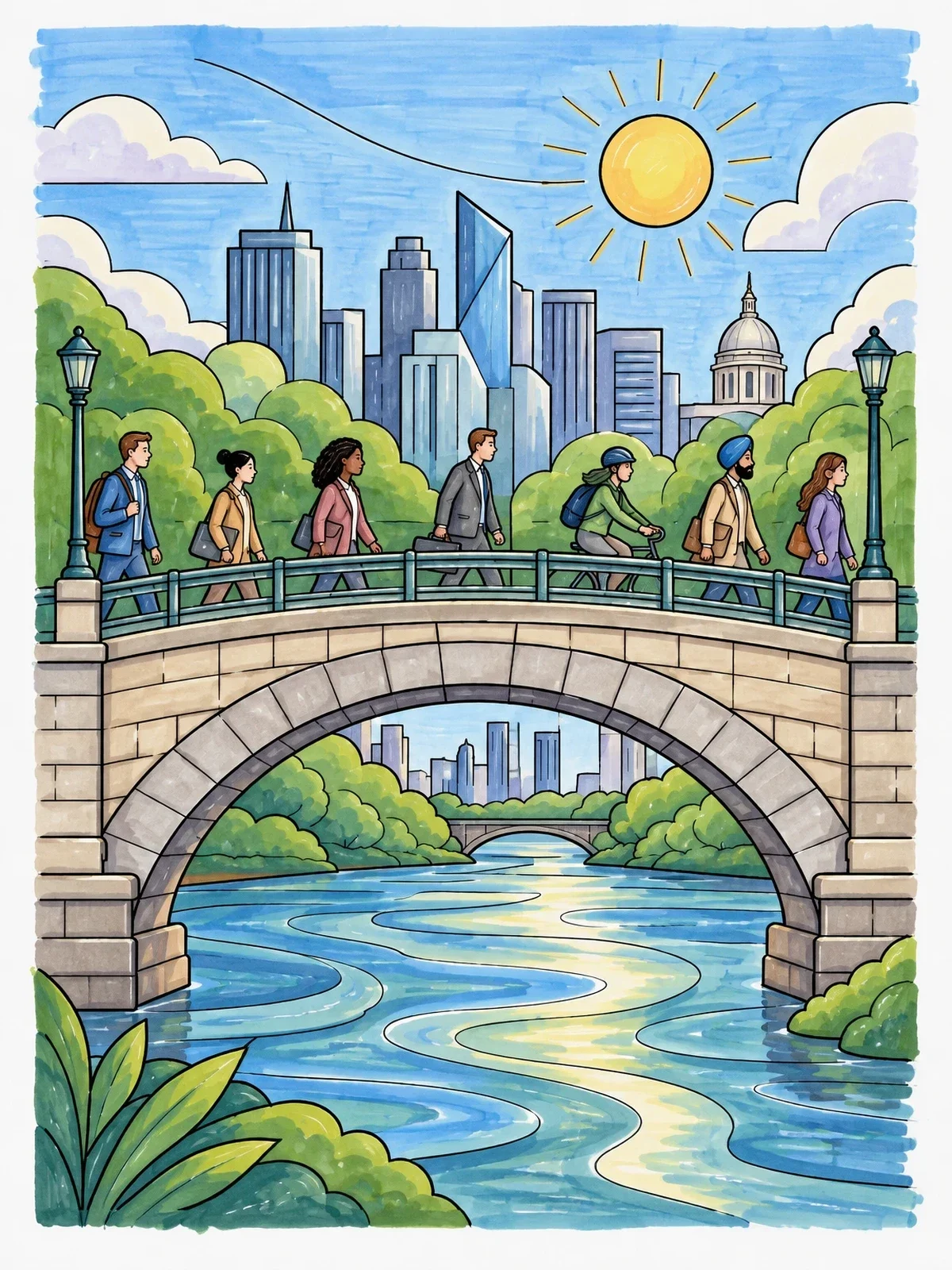 Colored example of the Morning Commute Over London Bridge coloring page