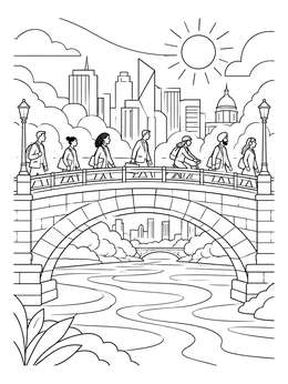 Commuters crossing a stone bridge over a river in this london coloring page.