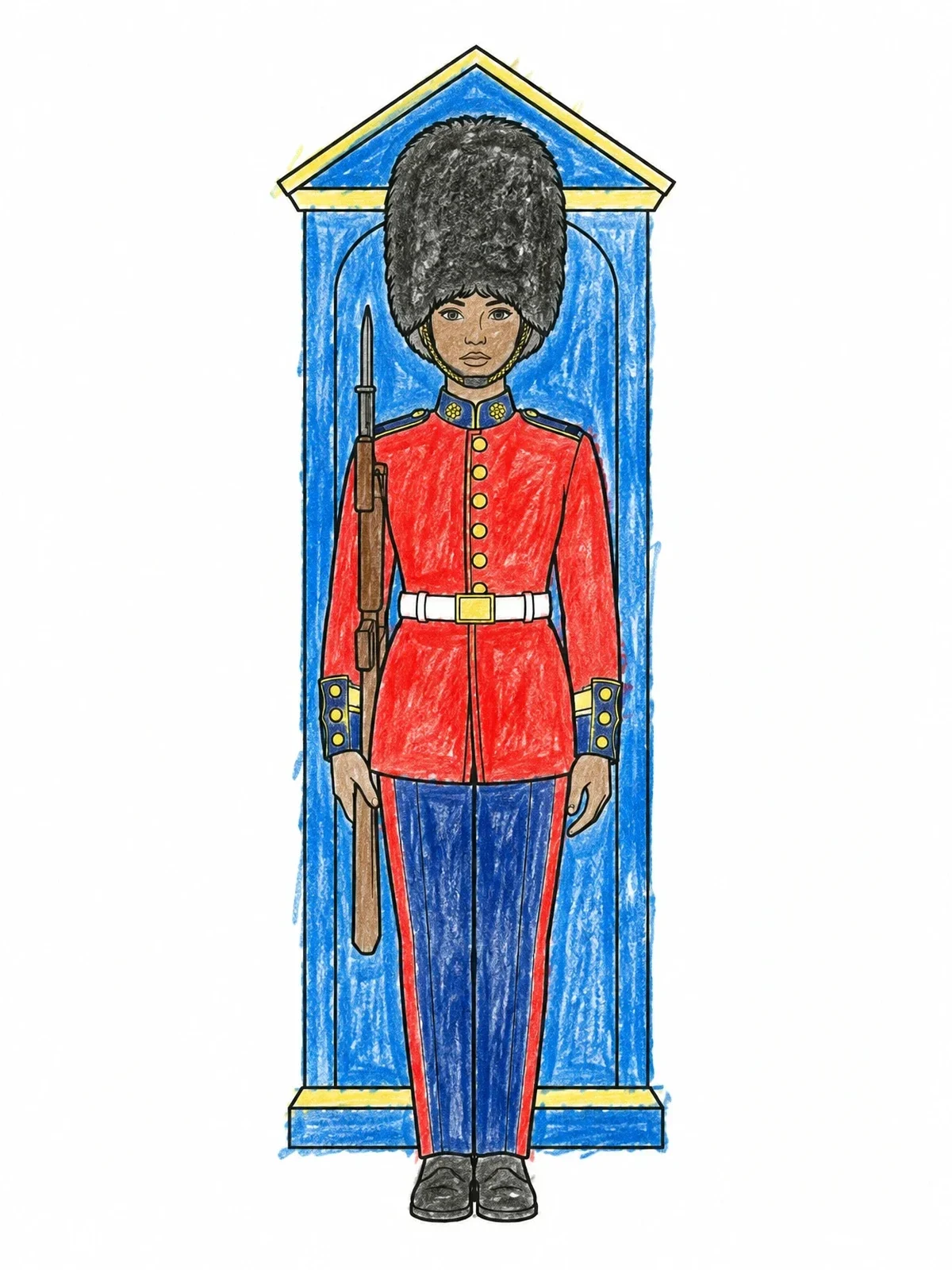 Colored example of the British Royal Guard At Sentry Box coloring page