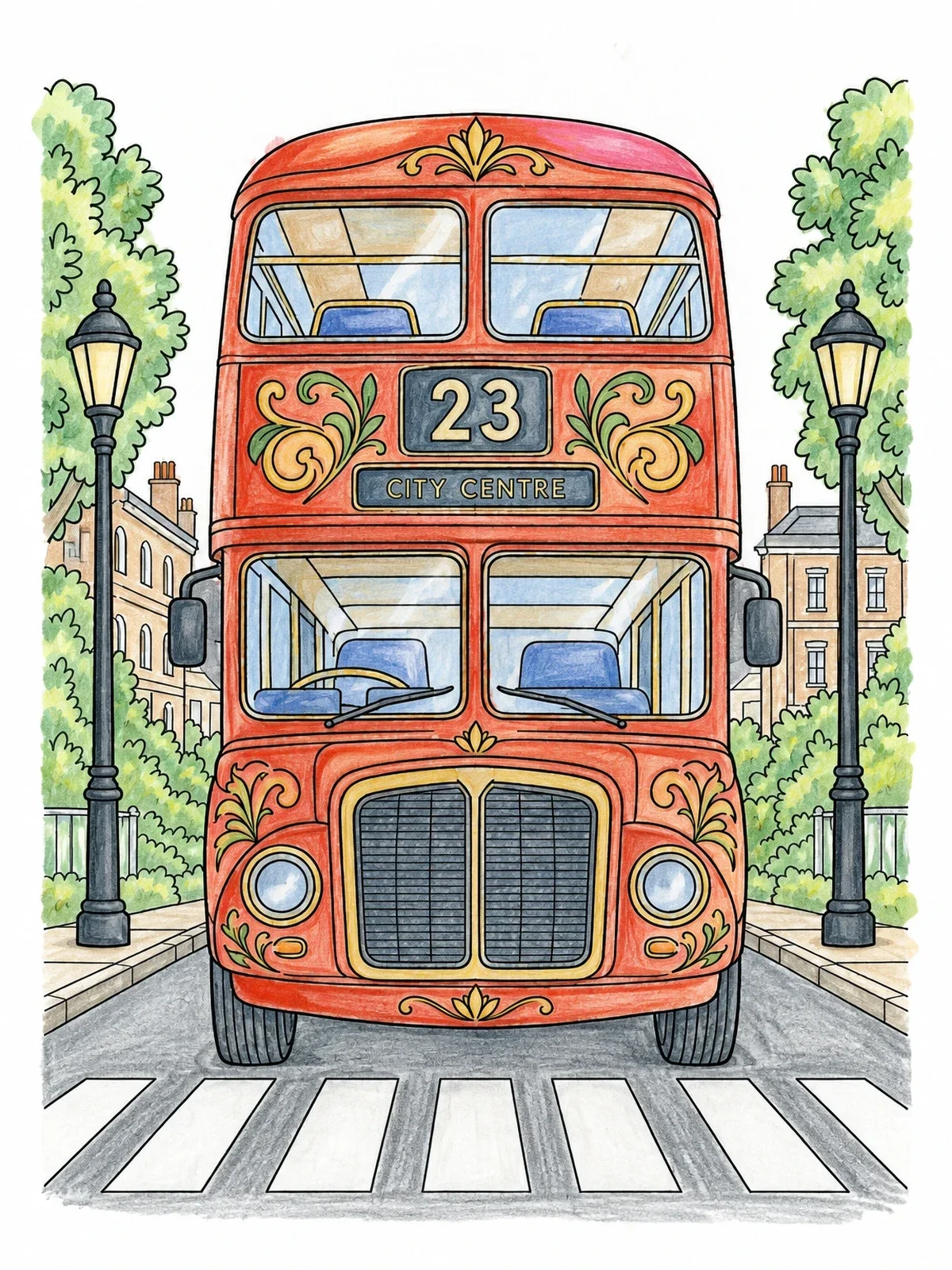 Colored example of the London Double Decker Bus On Street coloring page