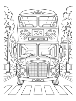 Classic red double-decker approaching a pedestrian crossing in this London coloring page.