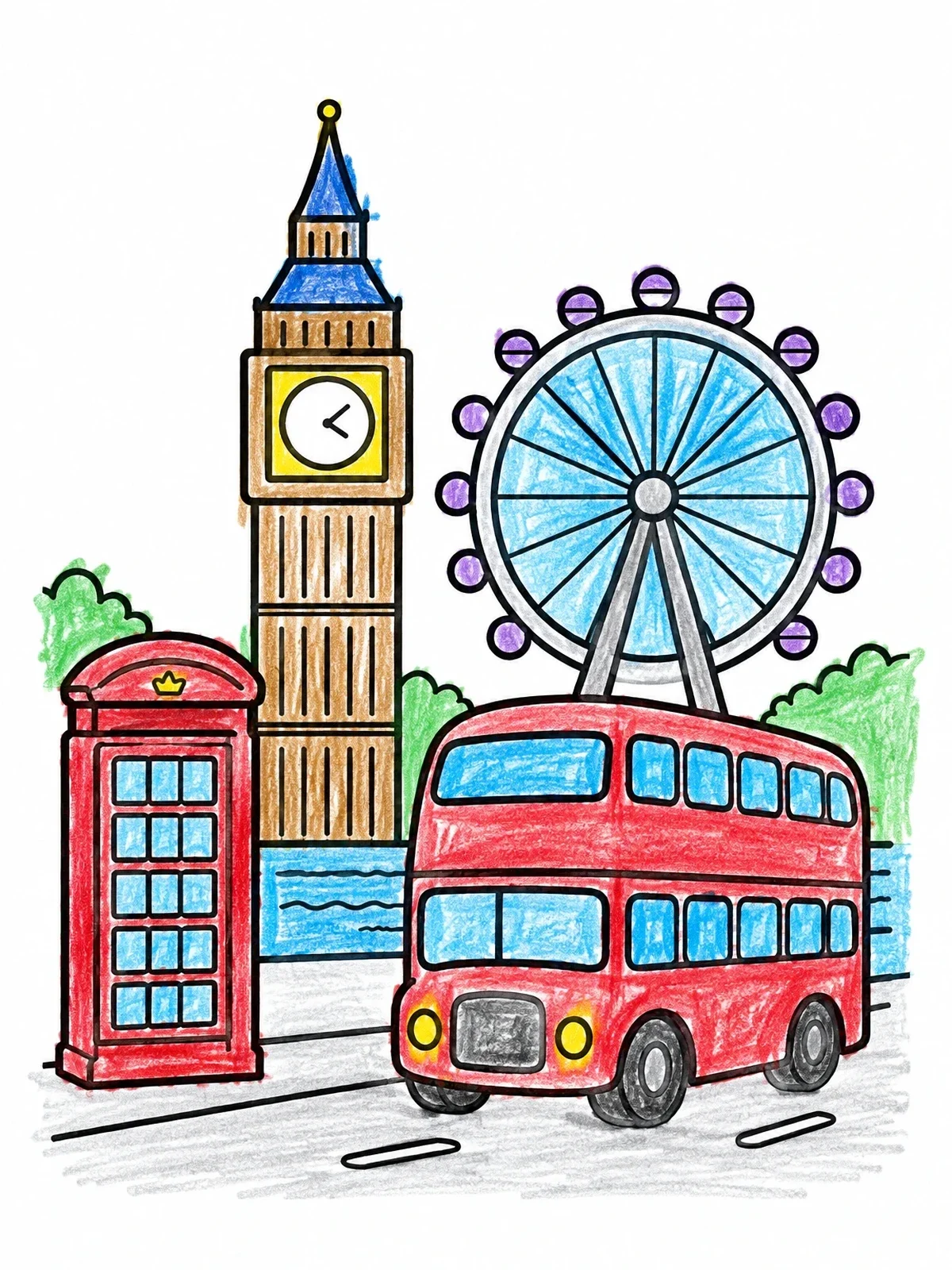 Colored example of the London Landmarks And Red Bus coloring page