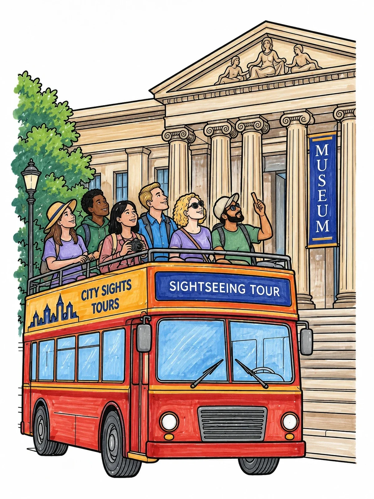 Colored example of the Sightseeing Bus At The Museum coloring page