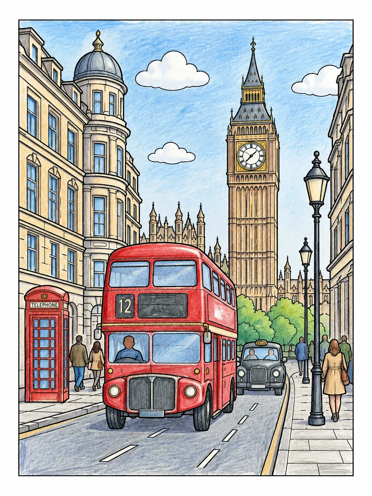 Colored example of the London Street With Big Ben And Double Decker coloring page