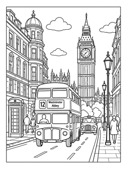 Free printable London Street With Big Ben And Double Decker coloring page
