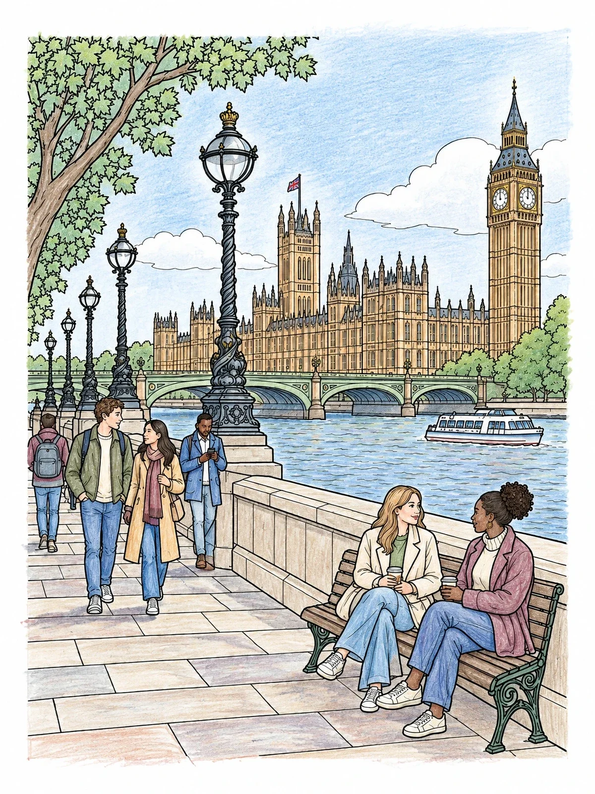 Colored example of the Thames Riverbank And Big Ben coloring page